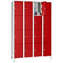 Armoire à casiers pour objets de valeur 300 mm, 4 compartiments, 16 casiers, serrure à cylindre de sécurité, pied, rouge feu