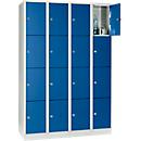 Armoire à casiers pour objets de valeur 300 mm, 4 compartiments, 16 casiers, serrure à cylindre de sécurité, sur socle, bleu gentiane
