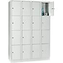 Armoire à casiers pour objets de valeur 300 mm, 4 compartiments, 16 casiers, serrure à cylindre de sécurité, sur socle, gris clair