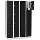 Armoire à casiers pour objets de valeur 300 mm, 4 compartiments, 16 casiers, serrure à cylindre de sécurité, sur socle, noir ébène
