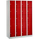 Armoire à casiers pour objets de valeur 300 mm, 4 compartiments, 20 casiers, serrure à cylindre de sécurité, sur socle, rouge feu