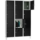 Armoire à casiers pour objets de valeur 400 mm, 3 compartiments, 12 casiers, serrure à cylindre de sécurité, pied, noir ébène