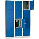 Armoire à casiers pour objets de valeur 400 mm, 3 compartiments, 12 casiers, serrure à cylindre de sécurité, sur socle, bleu gentiane