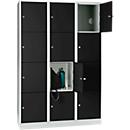 Armoire à casiers pour objets de valeur 400 mm, 3 compartiments, 12 casiers, serrure à cylindre de sécurité, sur socle, noir ébène