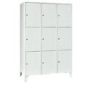 Armoire à casiers pour objets de valeur 400 mm, 3 compartiments, 9 casiers, serrure à cylindre de sécurité, pied, gris clair