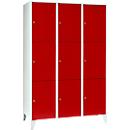 Armoire à casiers pour objets de valeur 400 mm, 3 compartiments, 9 casiers, serrure à cylindre de sécurité, pied, rouge feu