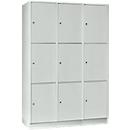 Armoire à casiers pour objets de valeur 400 mm, 3 compartiments, 9 casiers, serrure à cylindre de sécurité, sur socle, gris clair