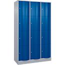 Armoire à casiers Resisto de C+P, 3 compartiments, 12 casiers, L 1148 x P 540 x H 1950 mm, alu blanc/bleu gentiane