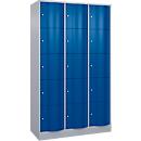 Armoire à casiers Resisto de C+P, 3 compartiments, 15 casiers, L 1148 x P 540 x H 1950 mm, alu blanc/bleu gentiane