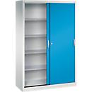Armoire à outils à portes coulissantes Acurado de C + P, L 1 200 x P 500 x H 1 950 mm, charge maximale par tablette : 70 kg, acier, gris clair/bleu clair
