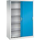 Armoire à outils à portes coulissantes Acurado de C + P, L 1 200 x P 600 x H 1 950 mm, charge maximale par tablette : 70 kg, acier, gris clair/bleu clair