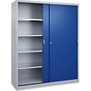 Armoire à outils à portes coulissantes Acurado de C + P, L 1600 x P 500 x H 1950 mm, charge maximale par tablette : 110 kg, acier, aluminium blanc/bleu gentiane