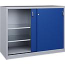 Armoire à outils à portes coulissantes Acurado de C + P, L 1600 x P 600 x H 1200 mm, charge maximale par étagère : 70 kg, acier, aluminium blanc/bleu gentiane