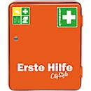 Armoire à pharmacie HEIDELBERG, tôle d'acier, serrure de sécurité, L 362 x P 140 x H 302 mm, contenu selon DIN 13157, orange
