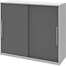 Armoire à porte coulissante BARI, 4 tablettes, serrure, avec cloison médiane, l. 1200 x P 430 x H 1117 mm, gris clair/anthracite