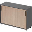 Armoire à portes coulissantes Genius de Schäfer Shop, modèle TETRIS WOOD, 2 compartiments, L 1 200 mm, hauteur patins compris, graphite/chêne