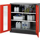 Armoire à produits chimiques, porte battante avec découpe de verre, 2 tablettes, 1055 x 520 x 1105 mm, rouge circulation
