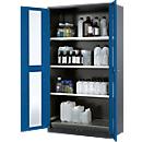 Armoire à produits chimiques, porte battante avec découpe de verre, 3 étagères, 1055 x 520 x 1950 mm, bleu gentiane