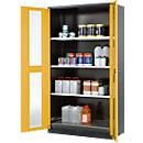 Armoire à produits chimiques, porte battante avec découpe de verre, 3 étagères, 1055 x 520 x 1950 mm, jaune de sécurité