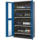 Armoire à produits chimiques, porte battante avec découpe de verre, 4 bacs extractibles, 1055 x 520 x 1950 mm, bleu gentiane