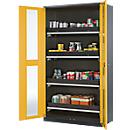Armoire à produits chimiques, porte battante avec découpe de verre, 4 bacs extractibles, 1055 x 520 x 1950 mm, jaune de sécurité
