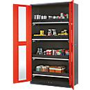 Armoire à produits chimiques, porte battante avec découpe de verre, 4 bacs extractibles, 1055 x 520 x 1950 mm, rouge circulation