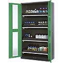 Armoire à produits chimiques, porte battante avec découpe de verre, 4 bacs extractibles, 1055 x 520 x 1950 mm, vert réséda