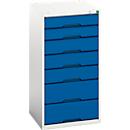 Armoire à tiroirs Bott verso, 7 tiroirs, jusqu'à 75 kg par tiroir, porte battante, ouverture totale, L 525 x P 550 x H 1000 mm, tôle d'acier, gris-bleu