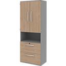 Armoire de classement BARI, 6 HC, 2 portes, 2 dossiers suspendus, verrouillage central, l. 819 x P 430 x H 2174 mm, coloris chêne/gris moyen