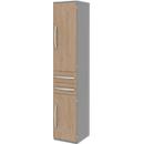 Armoire de classement BARI, 6 HC, 3 tablettes, 2 tiroirs, charnière de porte côté droit, l. 427 x P 430 x H 2174 mm, gris moyen/chêne/alu
