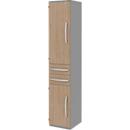 Armoire de classement BARI, 6 HC, 3 tablettes, 2 tiroirs, charnière de porte côté gauche, l. 427 x P 430 x H 2174 mm, gris moyen/chêne/alu