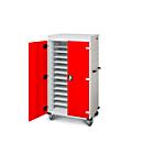 Armoire mobile pour chargement d'ordinateur portable, L 920 x P 500 x H 1540 mm, 26 compartiments, verrouillage 2 points, 2 roulettes avec frein, rouge trafic