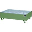 Auffangwanne, für 2 Fässer à 200 l, mit verzinktem Gitterrost, L 1200 x B 800 x H 360 mm, unterfahrbar, Stahl, resed.grün RAL 6011