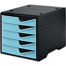 Bac à tiroirs styro® styroswing, 5 tiroirs, blocage de l'ouverture &amp; poignée encastrée, empilable, L 270 x P 340 x H 255 mm, polystyrène, noir-aqua