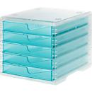 Bac à tiroirs styro® styroswing light, 5 tiroirs, blocage de l'ouverture &amp; poignée encastrée, empilable, L 270 x P 340 x H 255 mm, polystyrène, transparent-aqua