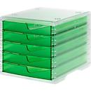 Bac à tiroirs styro® styroswing light, 5 tiroirs, blocage de l'ouverture &amp; poignée encastrée, empilable, L 270 x P 340 x H 255 mm, polystyrène, transparent-vert