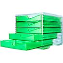 Bac à tiroirs styro® styroswing NEONline, 5 tiroirs, blocage de l'ouverture &amp; poignée encastrée, empilable, L 270 x P 340 x H 255 mm, polystyrène, transparent-néon vert