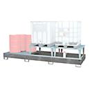 Bac de rétention Bauer AWA 32, acier galvanisé à chaud, L 3850 x l 1460 x H 780 mm, 1000 l, pour 3 IBC de 1000 l, 2 rehausses de soutirage, 1 caillebotis