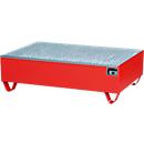 Bac de rétention, pour 2 fûts de 200 l, avec grille galvanisée, L 1200 x l 800 x H 360 mm, accessible par le dessous, acier, rouge flamme RAL 3000