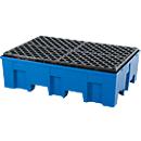 Bac de rétention, pour 2 fûts de 200 l chacun, avec ouvertures pour transpalette, L 865 x P 1245 x H 350 mm, avec grille en polyéthylène, polyéthylène, bleu