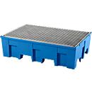 Bac de rétention, pour 2 fûts de 200 l chacun, avec ouvertures pour transpalette, L 865 x P 1245 x H 350 mm, avec grille galvanisée, polyéthylène, bleu