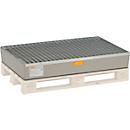 Bac de rétention pour palettes en PRV 150 CEMO, pour palettes Euro, L 1200 x P x 800 x H 235 mm, avec came d'arrêt et caillebotis galvanisé