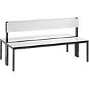 Banc Basic Plus, 2 côtés, dossier, sans porte-chaussures, châssis 4 pieds noir-gris RAL 7021, L 1500 mm, décor blanc