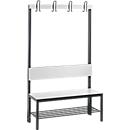 Banc de vestiaire Basic Plus, 1 face, dossier, avec porte-chaussures, base noir-gris RAL 7021, L 1000 mm, décor blanc