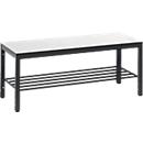 Banc de vestiaire Basic Plus, pour locaux humides, sans dossier, piétement à 4 branches gris noir RAL 7021, avec grille à chaussures, L 1000 mm, décor blanc