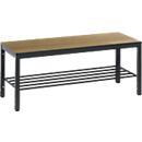 Banc de vestiaire Basic Plus, pour locaux humides, sans dossier, piétement à 4 branches gris noir RAL 7021, avec grille à chaussures, L 1000 mm, décor chêne Serrano