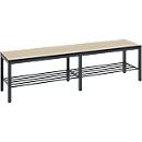 Banc de vestiaire Basic Plus, pour locaux humides, sans dossier, piétement à 6 branches gris noir RAL 7021, avec grille à chaussures, L 1500 mm, décor chêne Serrano