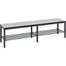 Banc de vestiaire Basic Plus, pour locaux humides, sans dossier, piétement à 6 branches gris noir RAL 7021, avec grille à chaussures, L 1500 mm, décor gris argenté