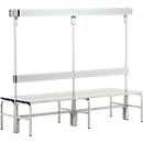 Banc de vestiaires, fils en acier/alu, double avec portemanteaux, 2000 mm de long, gris clair