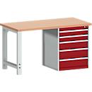 Banco de trabajo Bott cubio, con cajonera, estructura de acero, tablero de madera de haya roja 40 mm, ancho 1500 x fondo 750 x alto 840 mm, 1200 kg, violeta RAL 3004/gris claro RAL 7035
